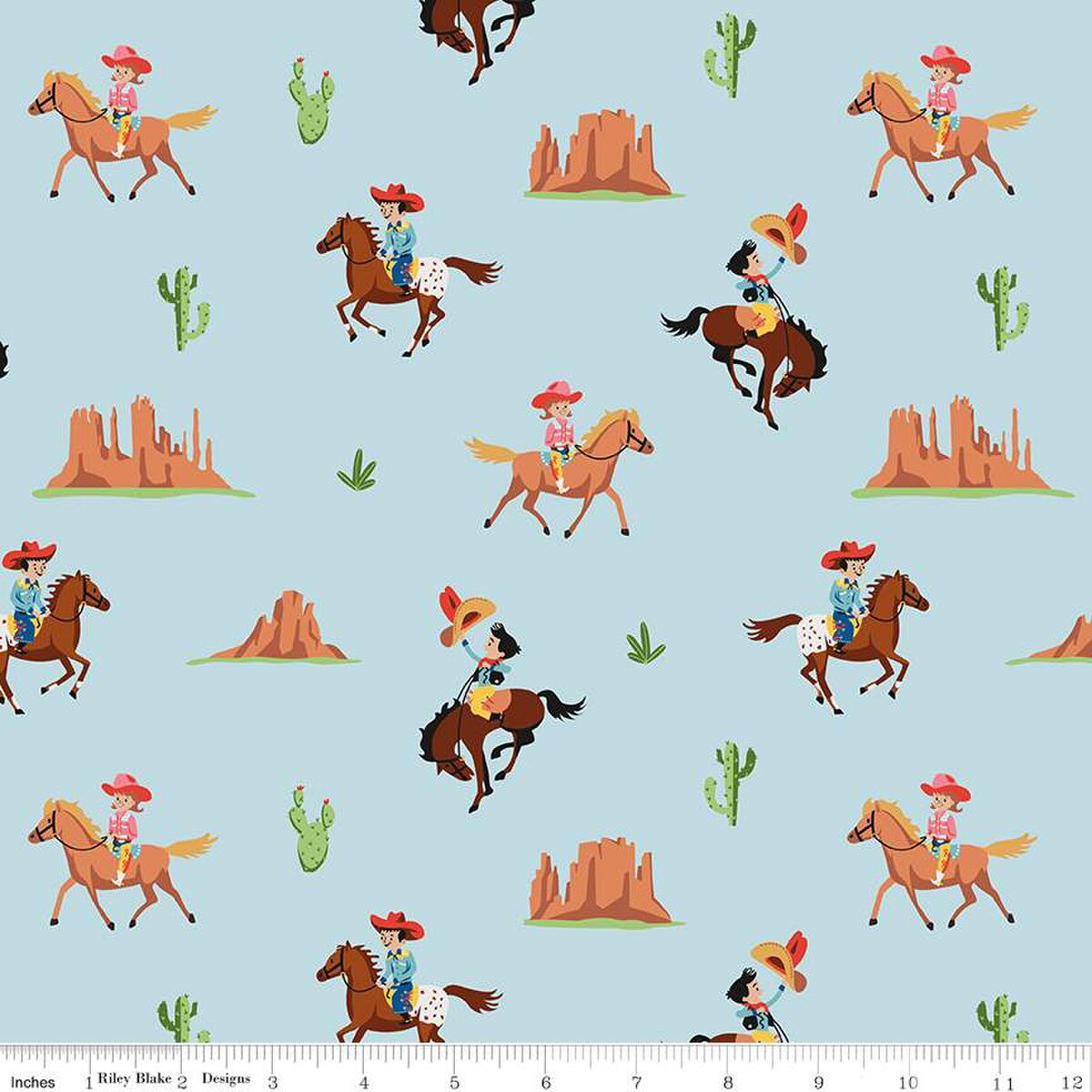 Riley Blake Designs; Fabric Riley Blake Aqua Lil Buckaroos Giddy Up Designer Flannel by the Quarter Yard F16020-AQUA; Category:Quilt Fabric; Image:1