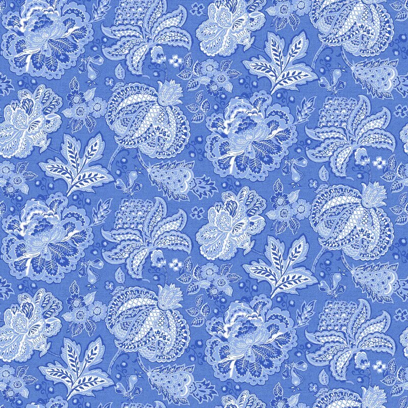 Fabric Northcott Medium Blue Jacobean Trail Delft Dynasty by the Quarter Yard 28355-44