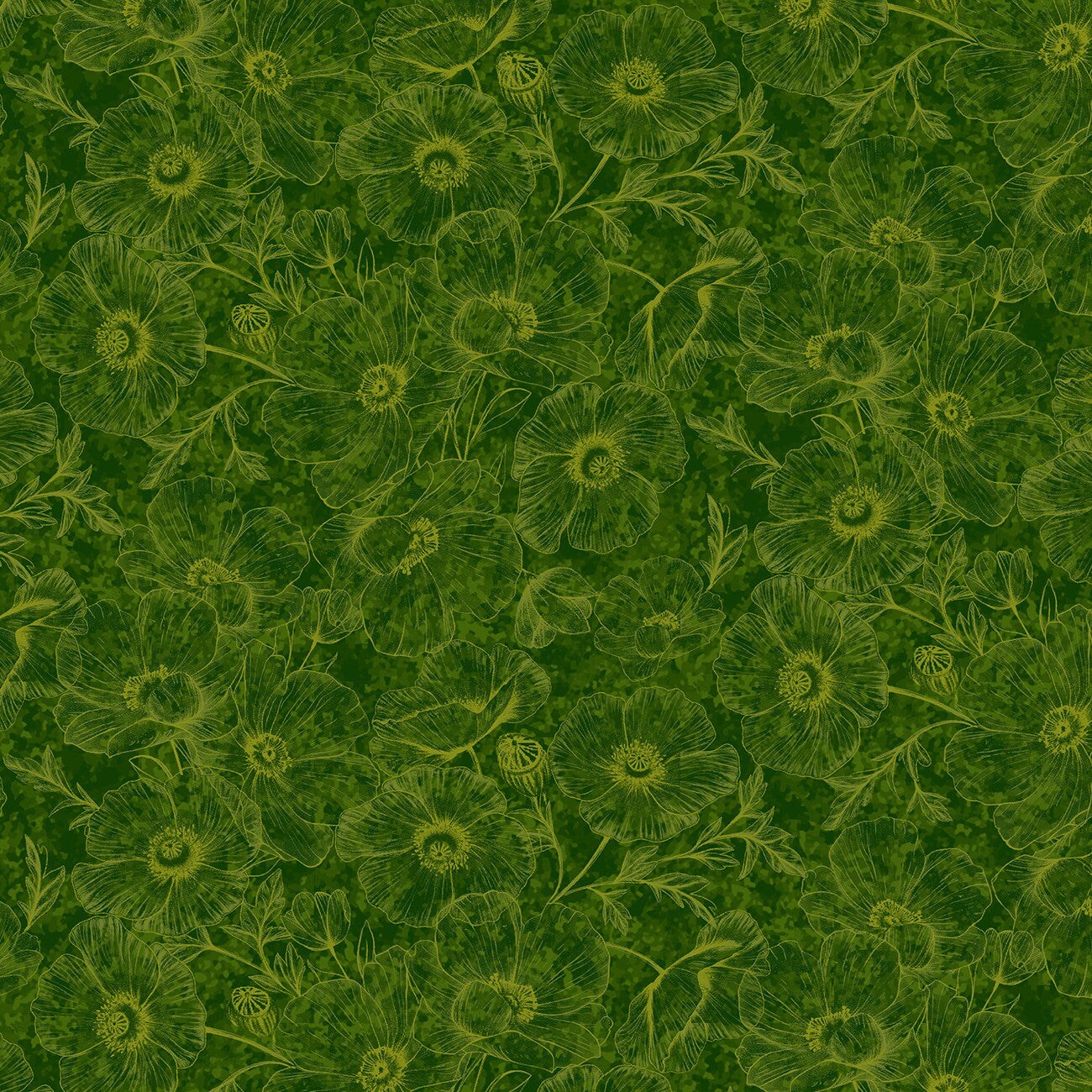 Fabric Timeless Treasures Green Tonal Poppies Poppy Passion by the Quarter Yard CD3810-GREEN