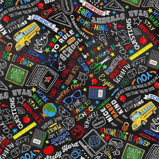 Back to School Chalkboard Text Black Cotton Fabric by the Yard