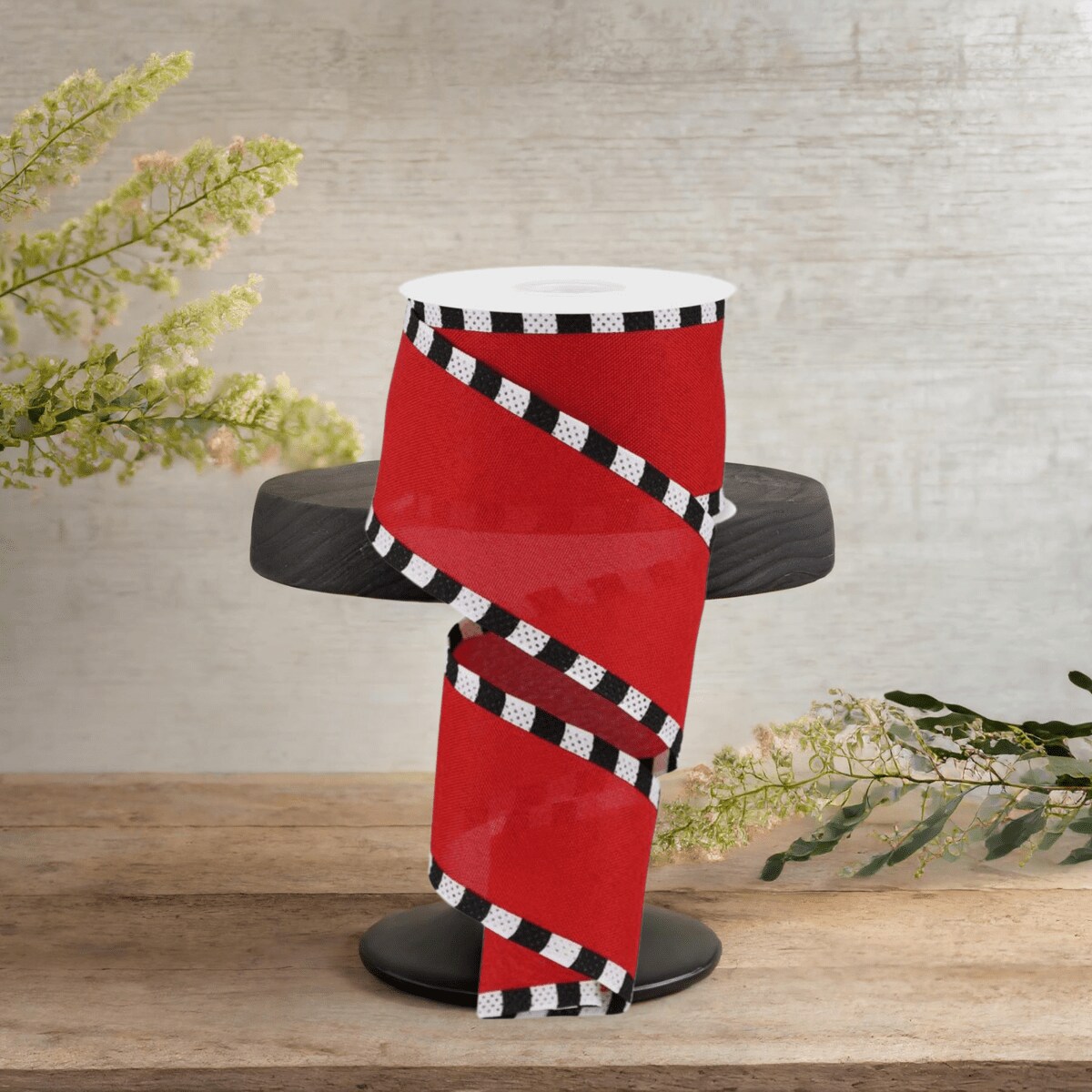 2.5&#x22; Faux Royal Burlap/Stripe Edge Ribbon: Red &#x26; Black (10 Yards)