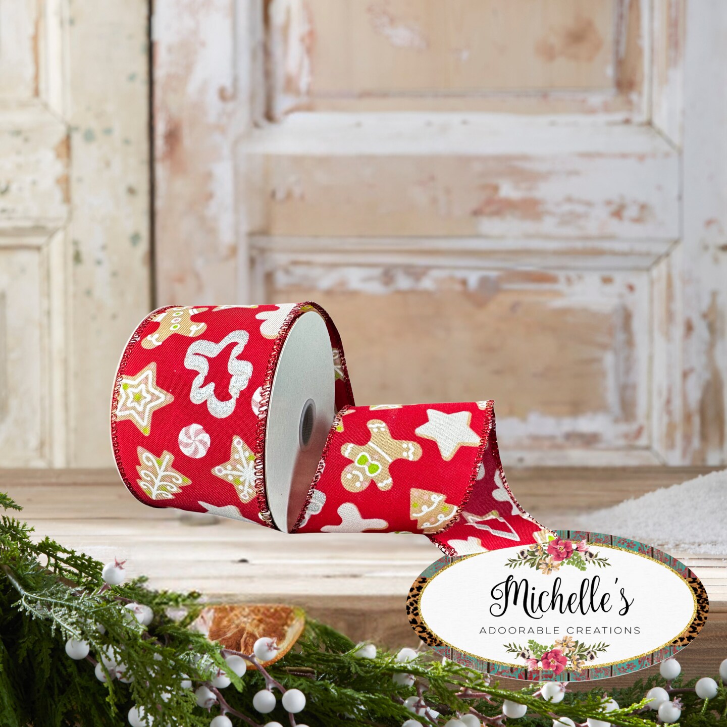 2.5&#x22; Gingerbread Cookie Cutout Ribbon: Red (10 Yards)