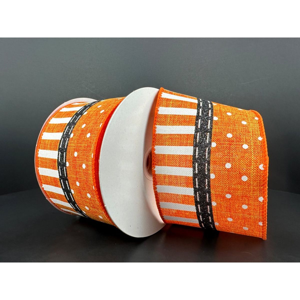 2.5&#x22; Linen Dots &#x26; Stripes Ribbon: Orange, Black, White (10 Yards)
