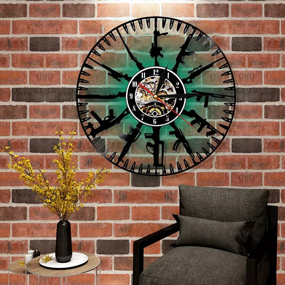 12inch Vinyl Record Clock 7-Color LED Light Bullets Guns Luminous Wall Clock