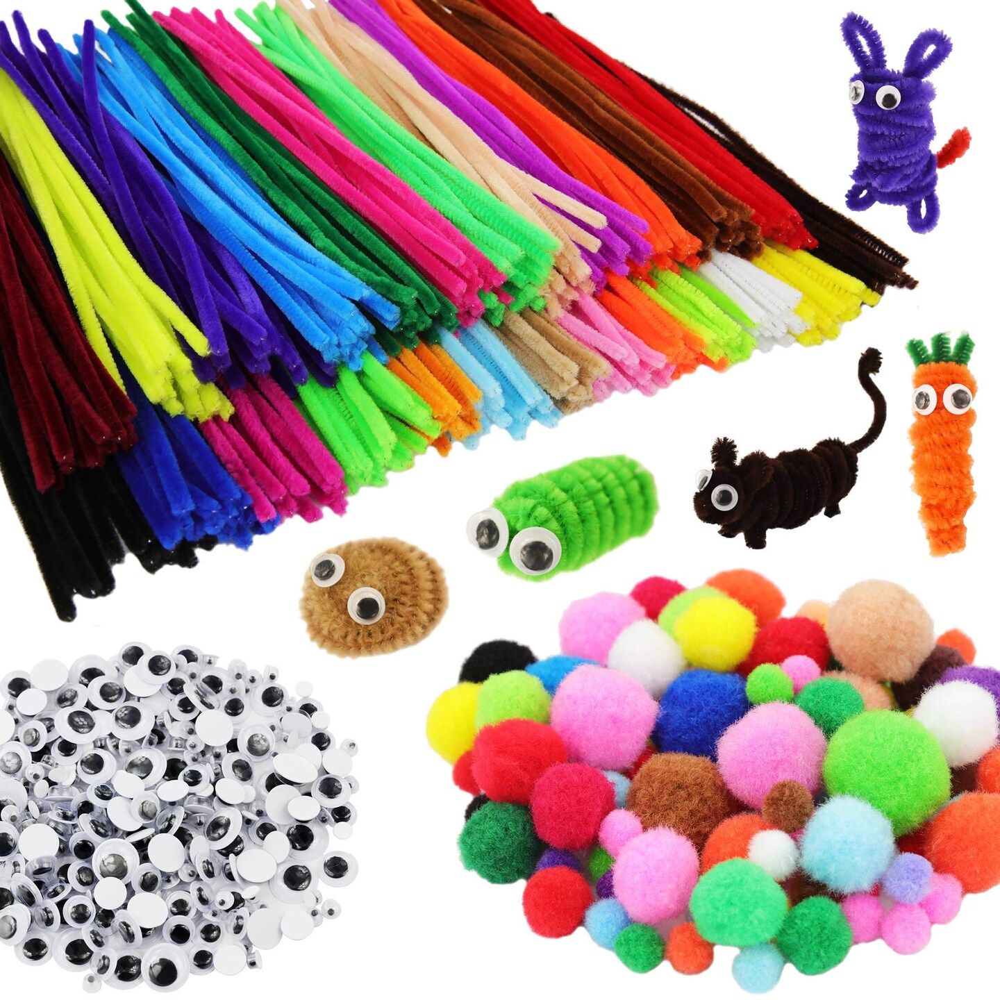 862 PCS Kids Art &#x26; Craft Supplies Set DIY Activities &#x26; Parties Pipe Cleaners Craft Set 200 Pcs Pipe Cleaners 454 Pcs Pom Poms 208 Pcs Wiggle Eyes Self Adhesive1