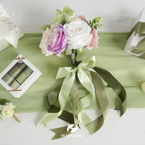 6 Rolls Sage Green Ribbon 1-1/2 inch Light Sage/Dusty Sage/Moss Green/Antique White Satin Ribbon Set for Flower Bouquet, Gift Wrapping, Hair Bows, Crafts, Eternal Flowers-