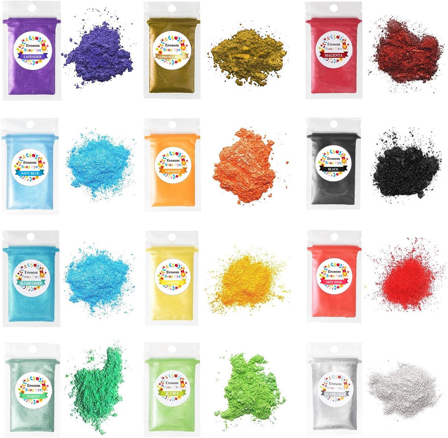 12 Colors Mica Powder Pigments Soap Dye for Soap Coloring - Soap Making Colorants Set - 0.18oz 12 Bags - Skin Safe for DIY Soaps, Bath Bombs, Candle Making, Nail Polishes, Resin Makeup Dye.