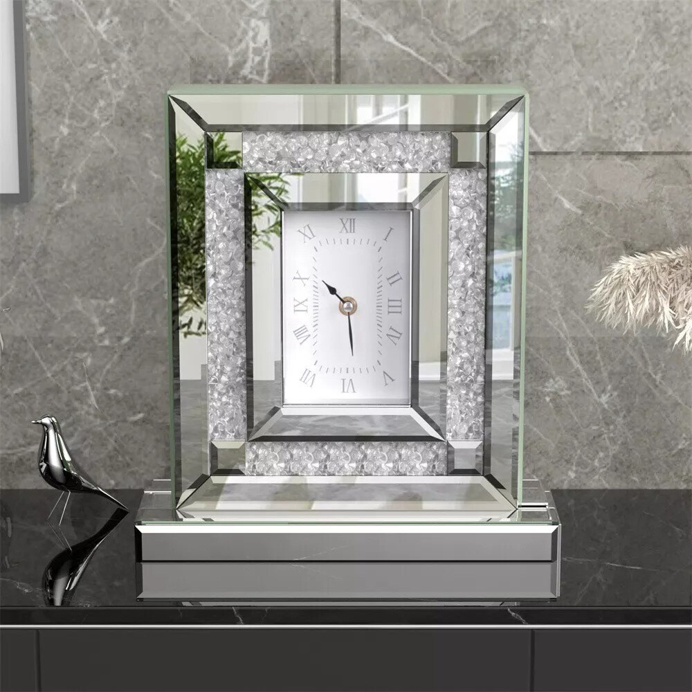 Crushed Diamond Table Clock w/ Quartz Movement Mirrored Desk Mantel Clock Silver