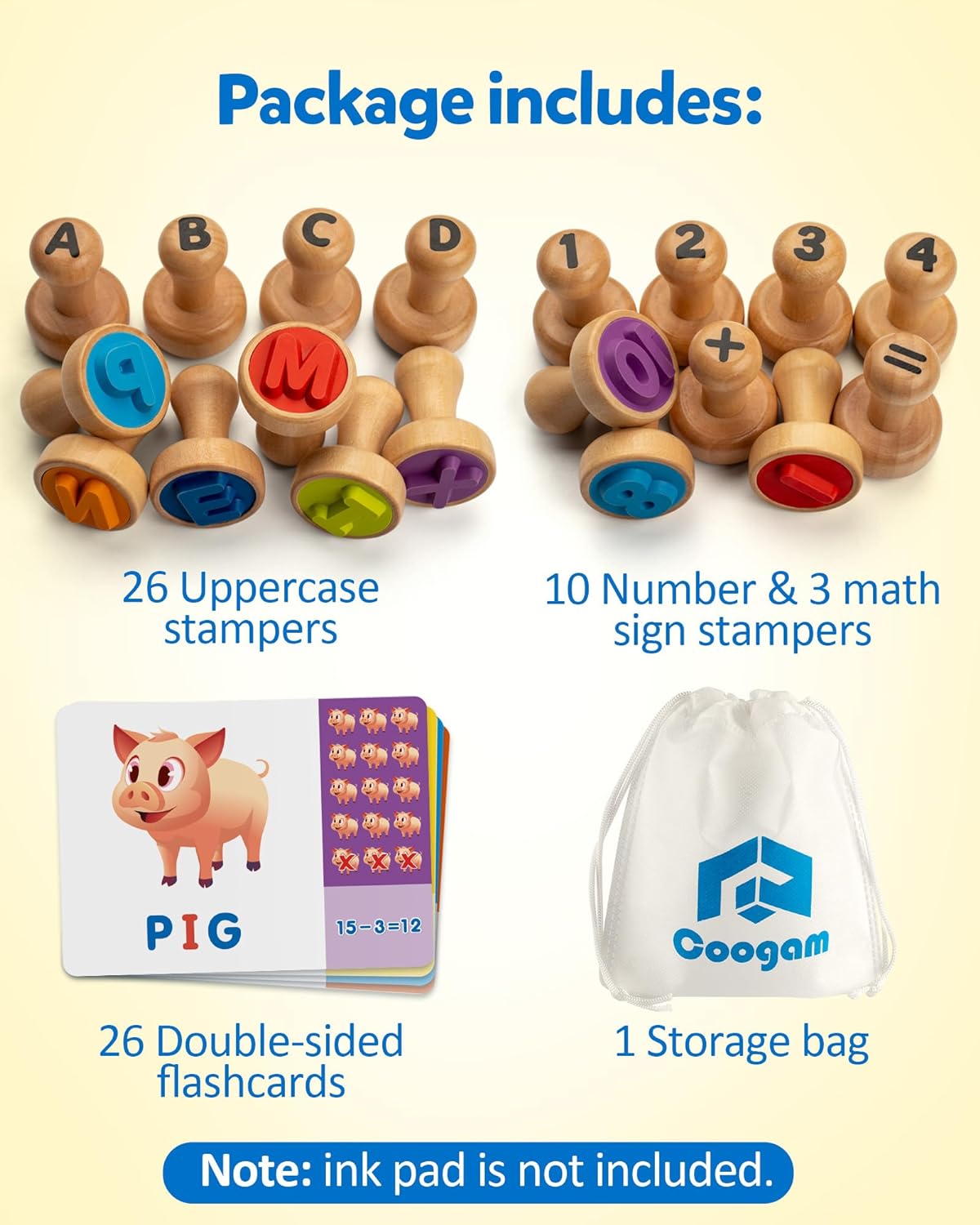 Wooden Alphabet Number Stamp Flashcard Set, ABC Spelling and Math Learning Stampers, Montessori Educational Toy for Ages 3-5
