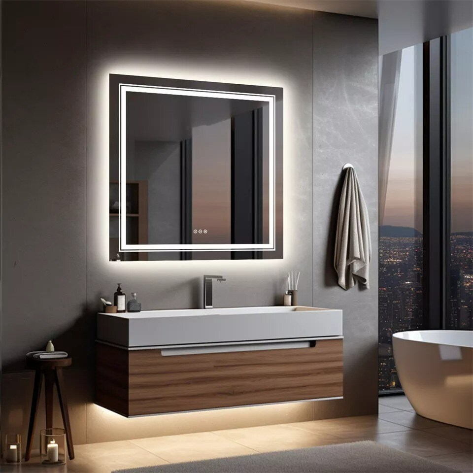 32x32" Square Led Bathroom Mirror Frameless Defogger Memory Touch Wall Mirror