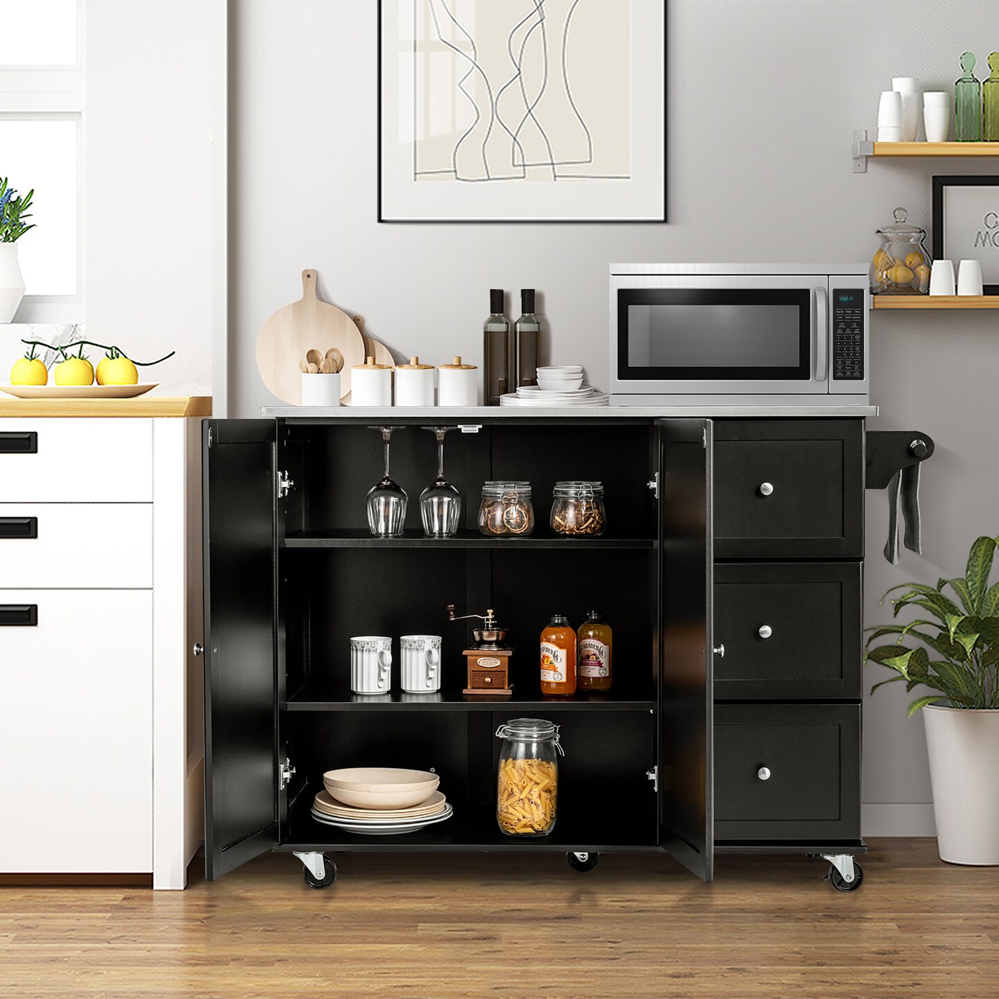 Costway Kitchen Island 2-Door Storage Cabinet Stainless Steel Top w/ Drawers