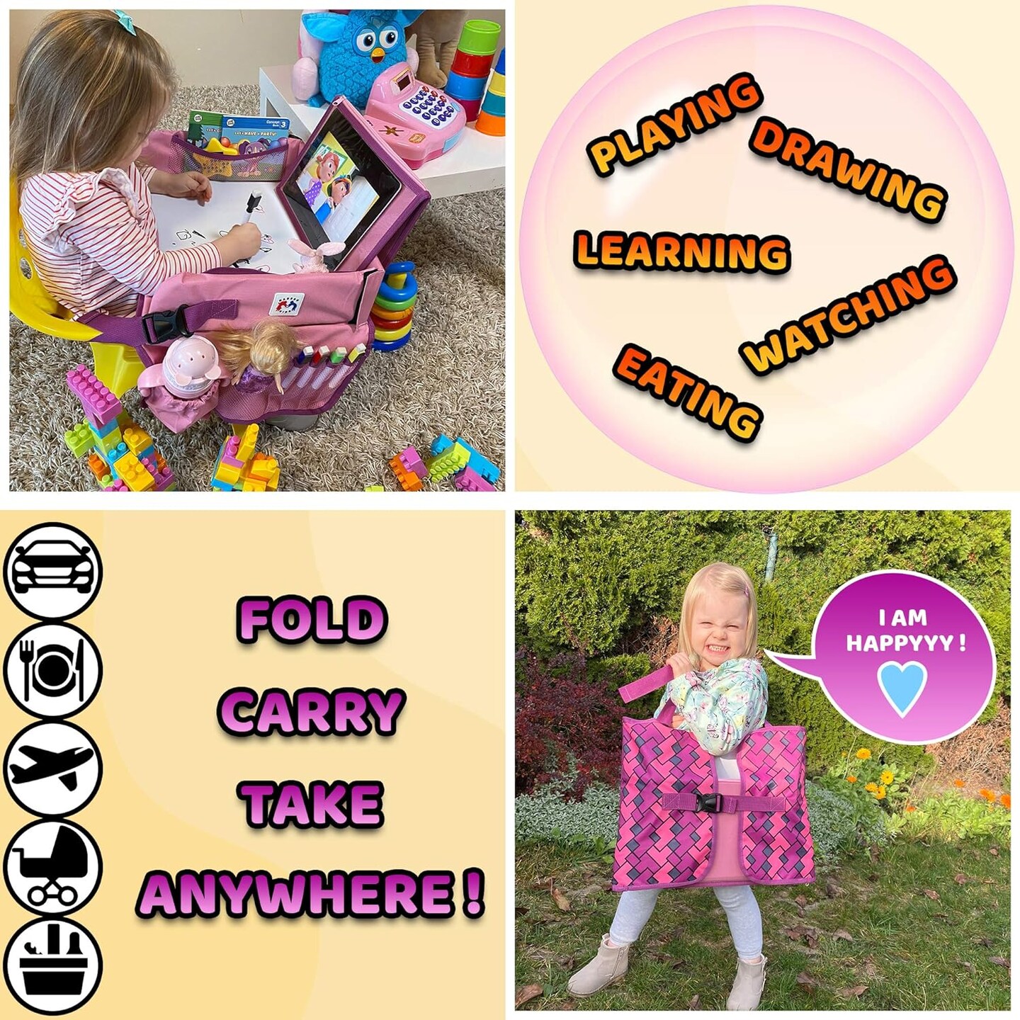 Travel Tray, Toddler Car Seat, Lap Desk and Dry Erase Board, Activity Organizer with Markers, Food and Snack Table, Tablet and Cup Holder, Road Trip Essential, Portable Desk for Kids.