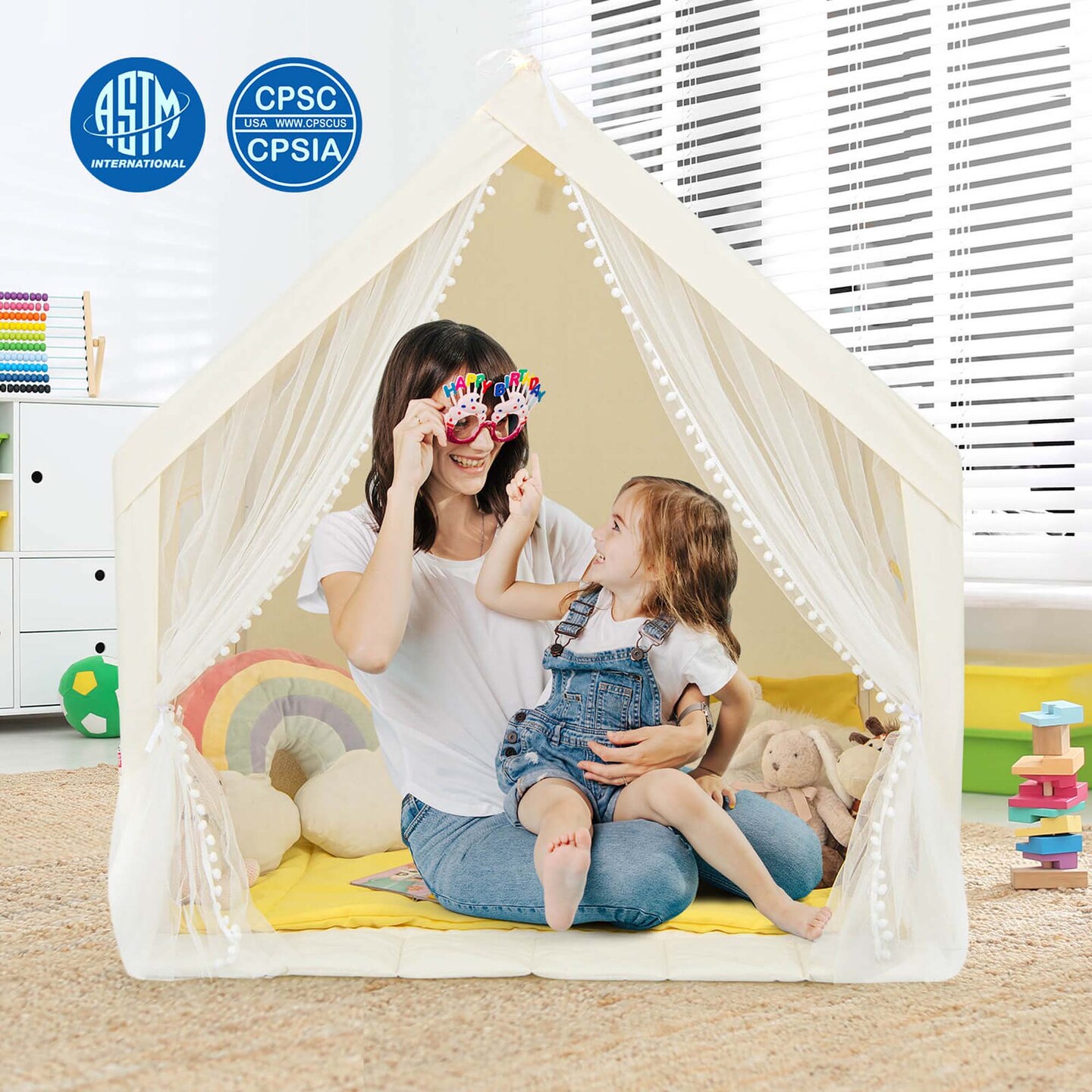 Costway Large Play Tent  Kids &#x26; Toddlers Playhouse with Washable Cotton Mat, Star Lights