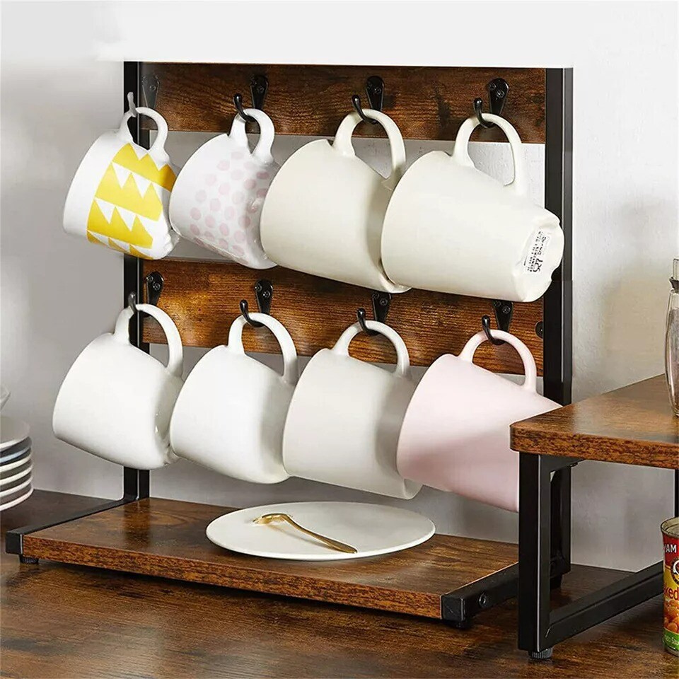 2-Tier Kitchen Coffee Mug Holder Stand Tabletop Cup Display Shelf with 16 Hooks