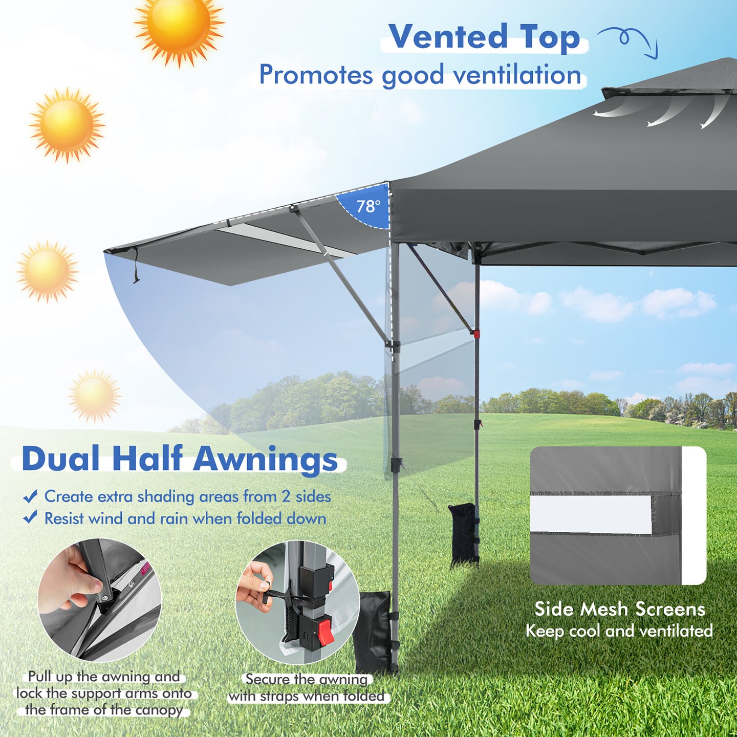 Costway 10'x17.6'Outdoor Instant Pop-up Canopy Tent Dual Half Awnings Adjust Patio Blue/White/Gray/Black/Pink