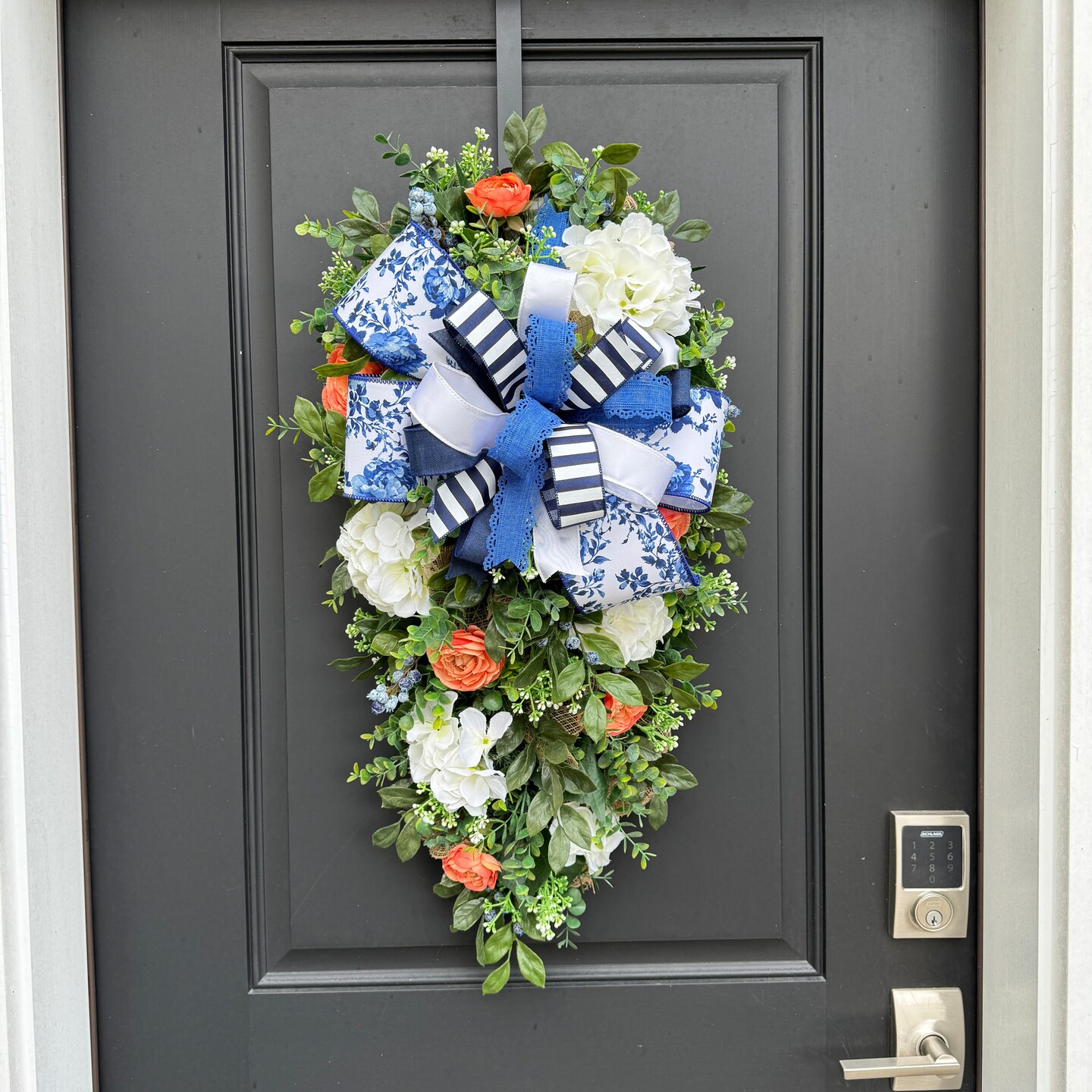 Blue and Coral Hydrangea Floral Wreath Swag, Spring and Summer