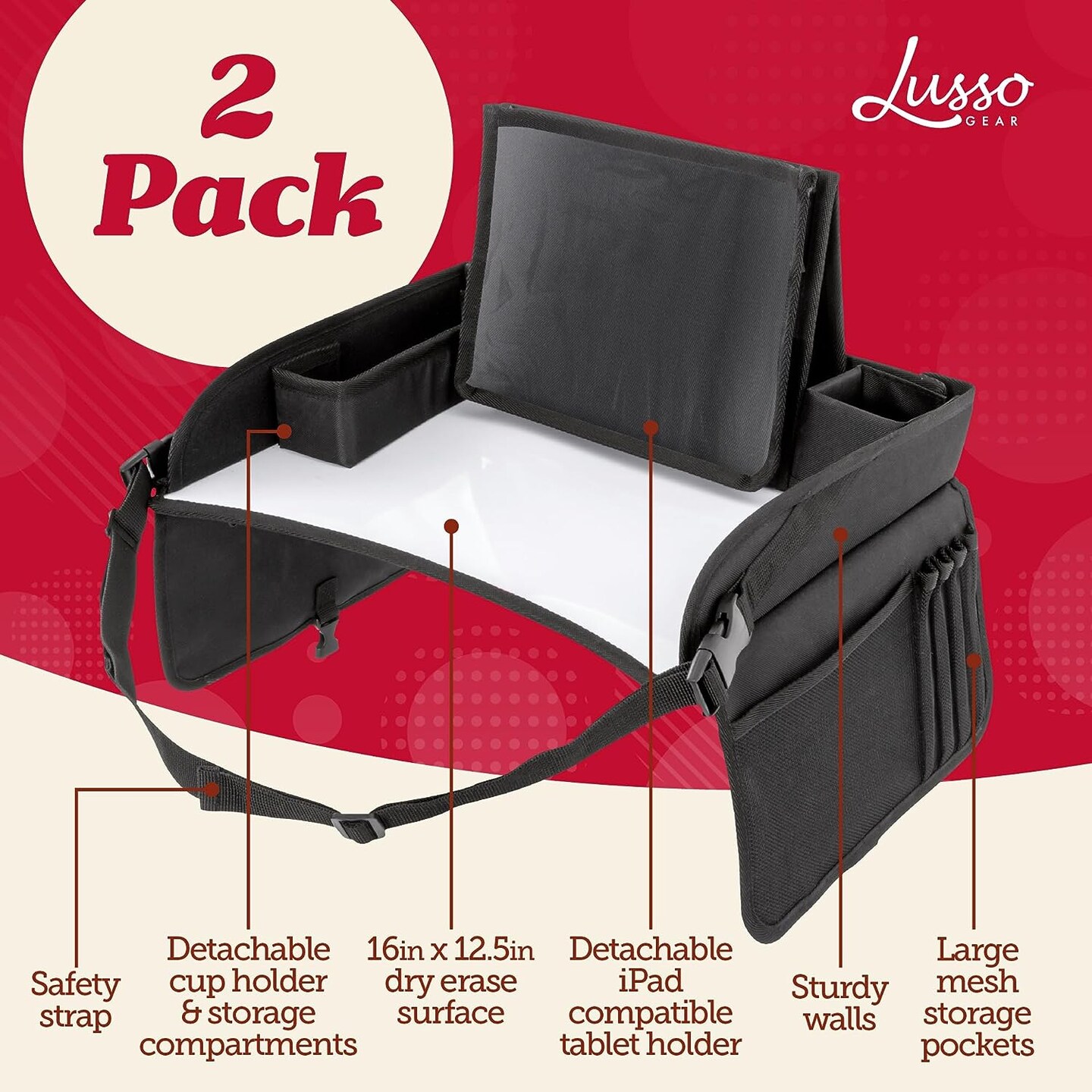Kids Travel Tray for Toddler Car Seat (2 Pack) - Travel Tray for Kids Car Seat, Lap Tray for Airplane, Kids Travel Desk Essential Accessories, Carseat Table Tray for Kids Road Trip Activities, Black