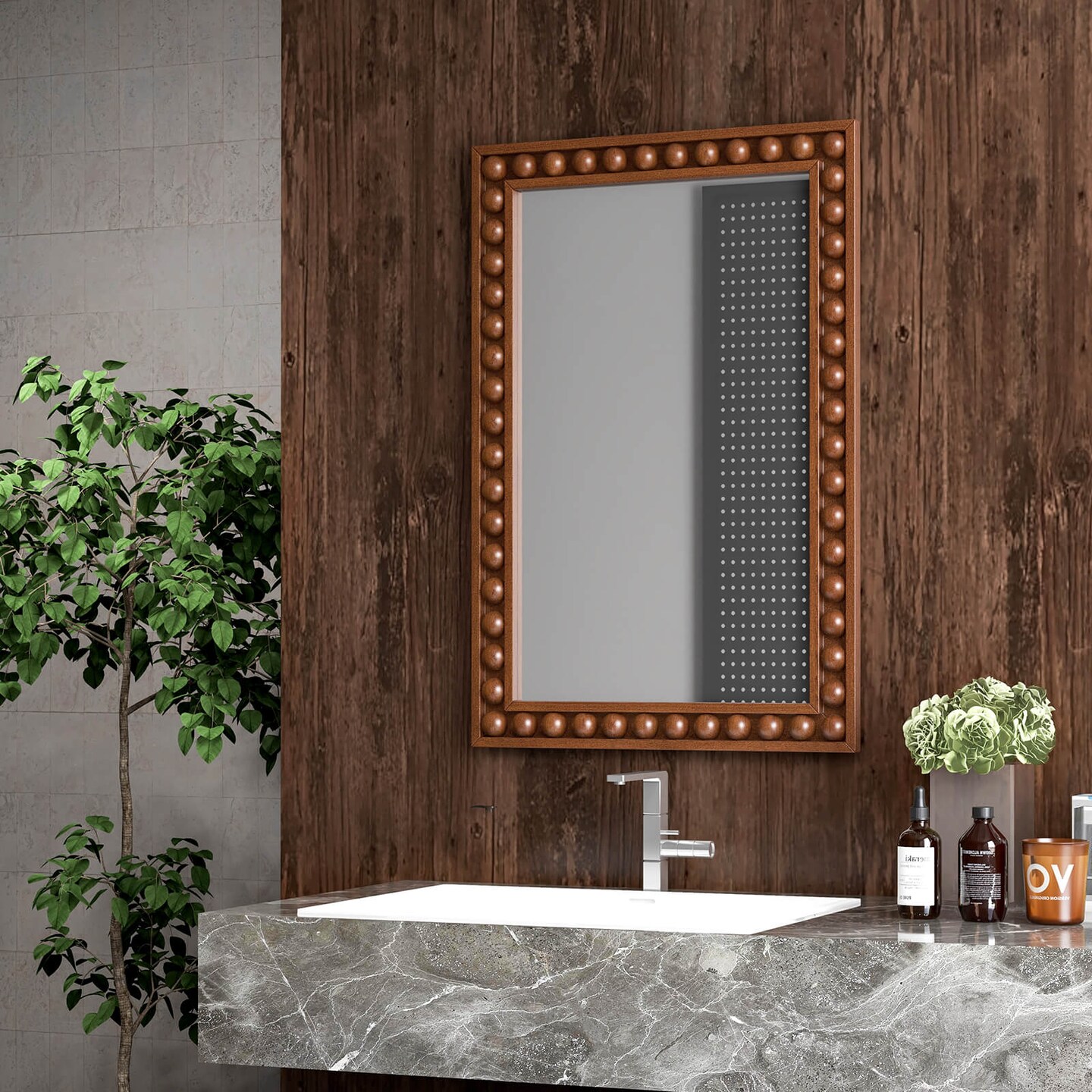 Costway 24" x 36" Rustic Decorative Wall Mirror with Solid Wood Frame Beads for Living Room Brown/White