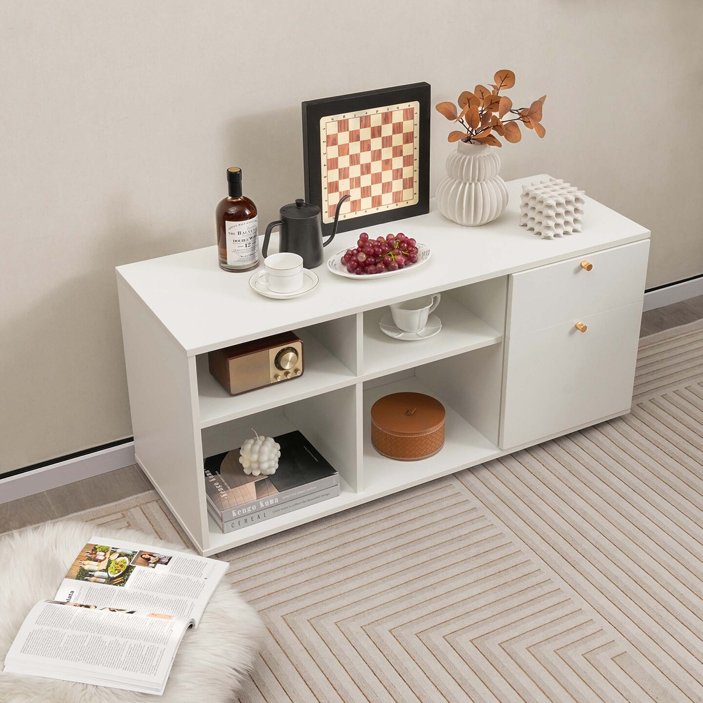 Costway Storage Cabinet with 2 Drawers 4 Cubes Adjustable Feet Floor Display Cabinet White
