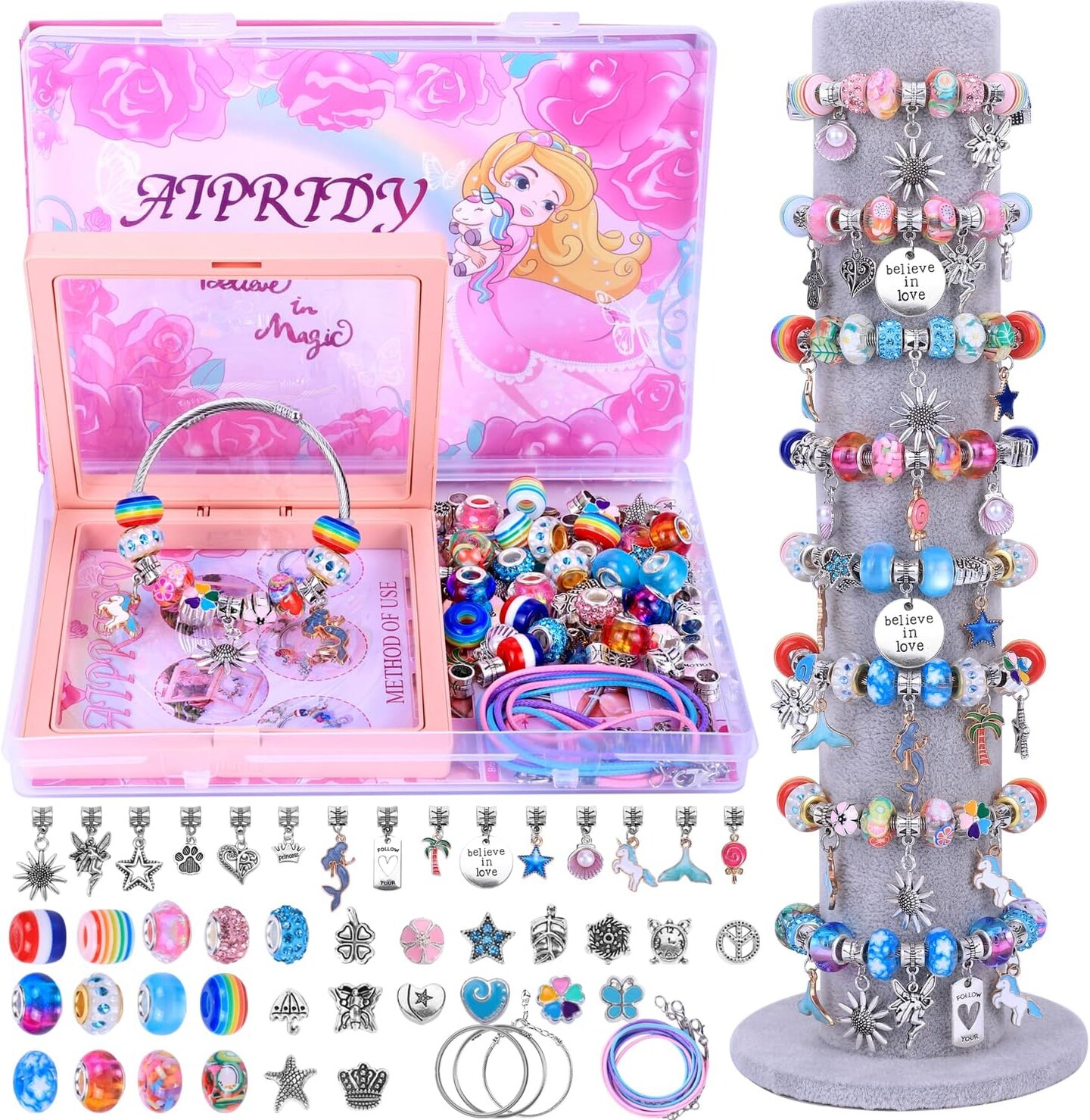 Charm Bracelet Making Kit &#x2013; 72-Piece Unicorn &#x26; Mermaid Jewelry Craft Set for Girls Aged 5-12 (Rose)