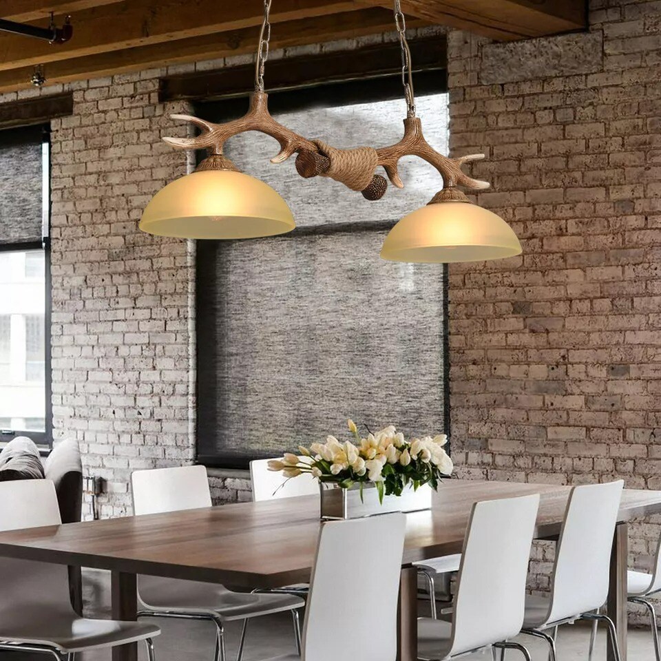 Rustic Cabin Ceiling Hanging Light Resin Deer Antler Chandelier E27 Glass Shades