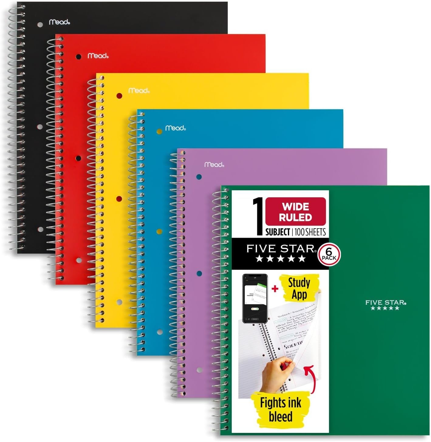 Paper Notebook Study Spiral Notebooks + Study App, 6 Pack, 1 Subject, Wide Ruled Paper ...