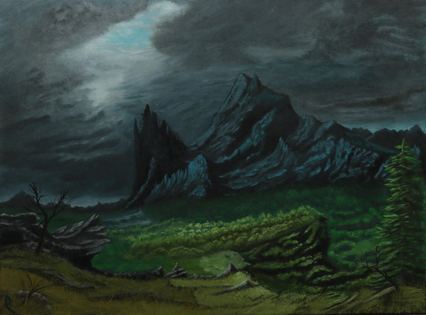 product name is Original Oil Painting "Obsidian Peaks" - 18"x24" Canvas - Wall Art - Fine Art