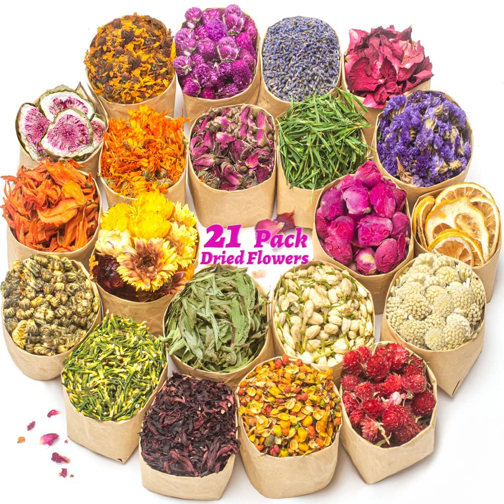 LAVEVE Dried Flowers, 21 Bags 100% Natural Dried Flowers Herbs Kit for Soap Making, DIY Candle, Bath, Resin Jewelry Making - Include Lavender, Don&#x27;t Forget Me, Lily, Rose Petals, Jasmine and More