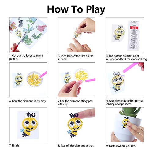 5D Diamond Painting Stickers Kits for Kids Arts and Crafts, Cartoon Stickers Stick Paint with Diamonds by Numbers, 18Pcs Cute Insect, Animals, Easy to DIY