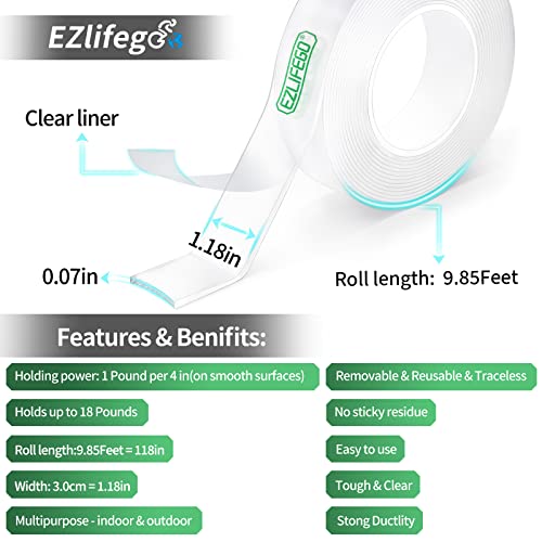 9.85 FT Double Sided Tape Heavy Duty, Extra Large Nano Double Sided Adhesive Tape, Clear Mounting Tape Picture Hanging Adhesive Strips,Removable Wall Tape Sticky Poster Tape Decor Carpet Tape