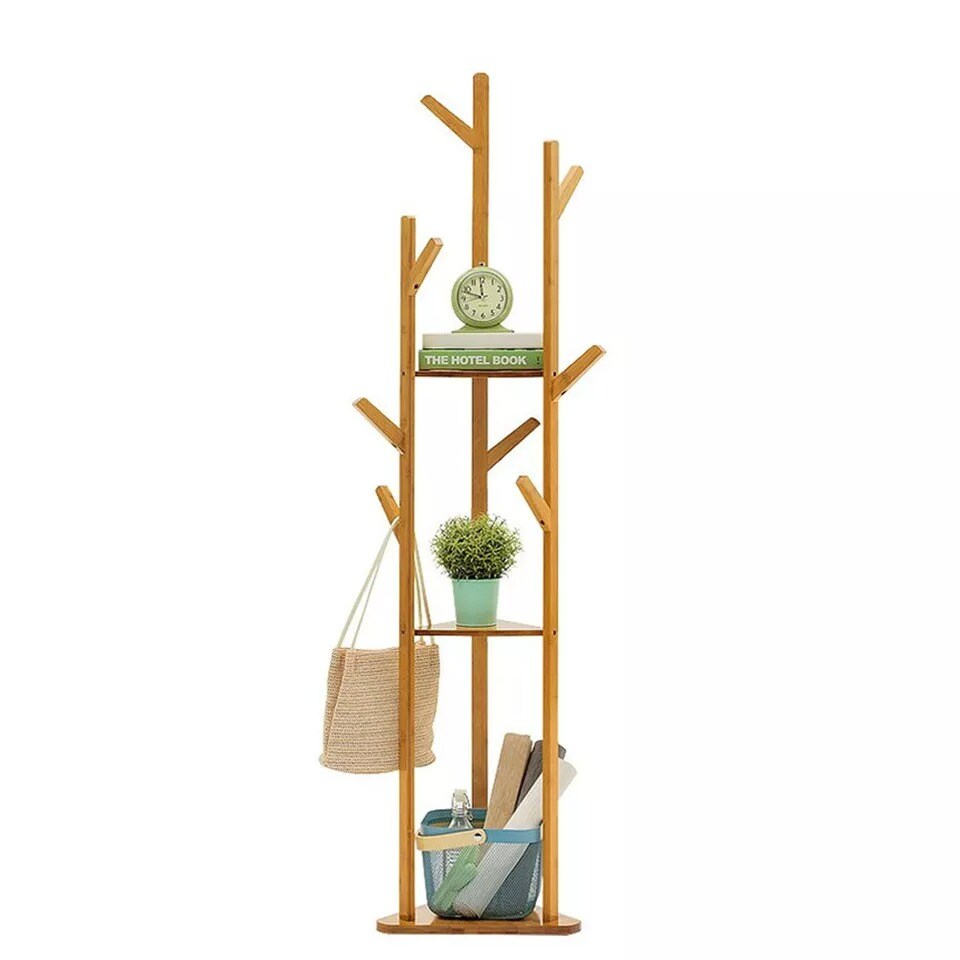 Large Bamboo Wood Clothes Tree Coat Hat Rack Corner Stand w 3 Tier Storage Shelf