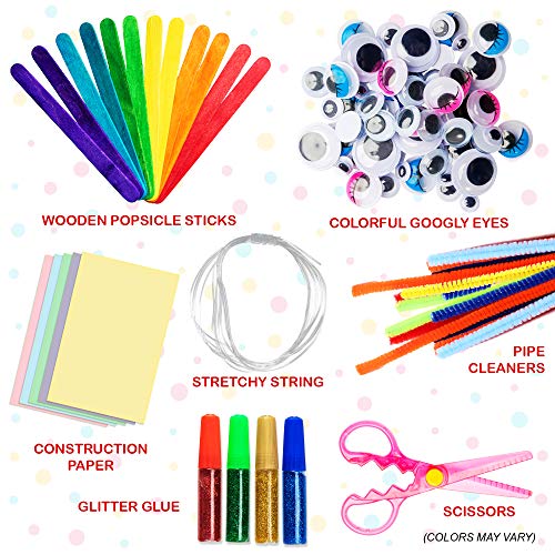 1000+ Piece Set Mega Kids Crafts and Art Supplies Jar Kit  - Instructional Booklet Included - Glitter Glue, Construction Paper, Colored Popsicle Sticks, Googly Eyes, Pipe Cleaners