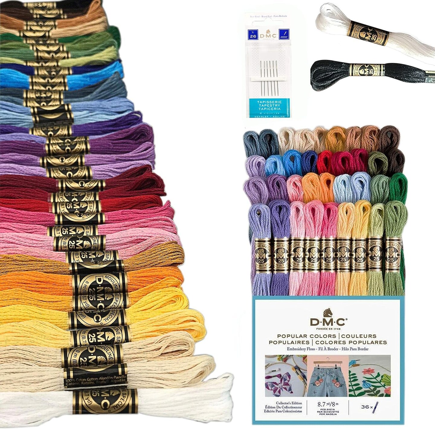 DMC Embroidery Floss Pack, Popular Colors, DMC Embroidery Thread, DMC Floss Kit Include 36 Assorted Color Bundle with DMC Mouline Cotton White/Black and DMC Cross Stitch Hand Needles.
