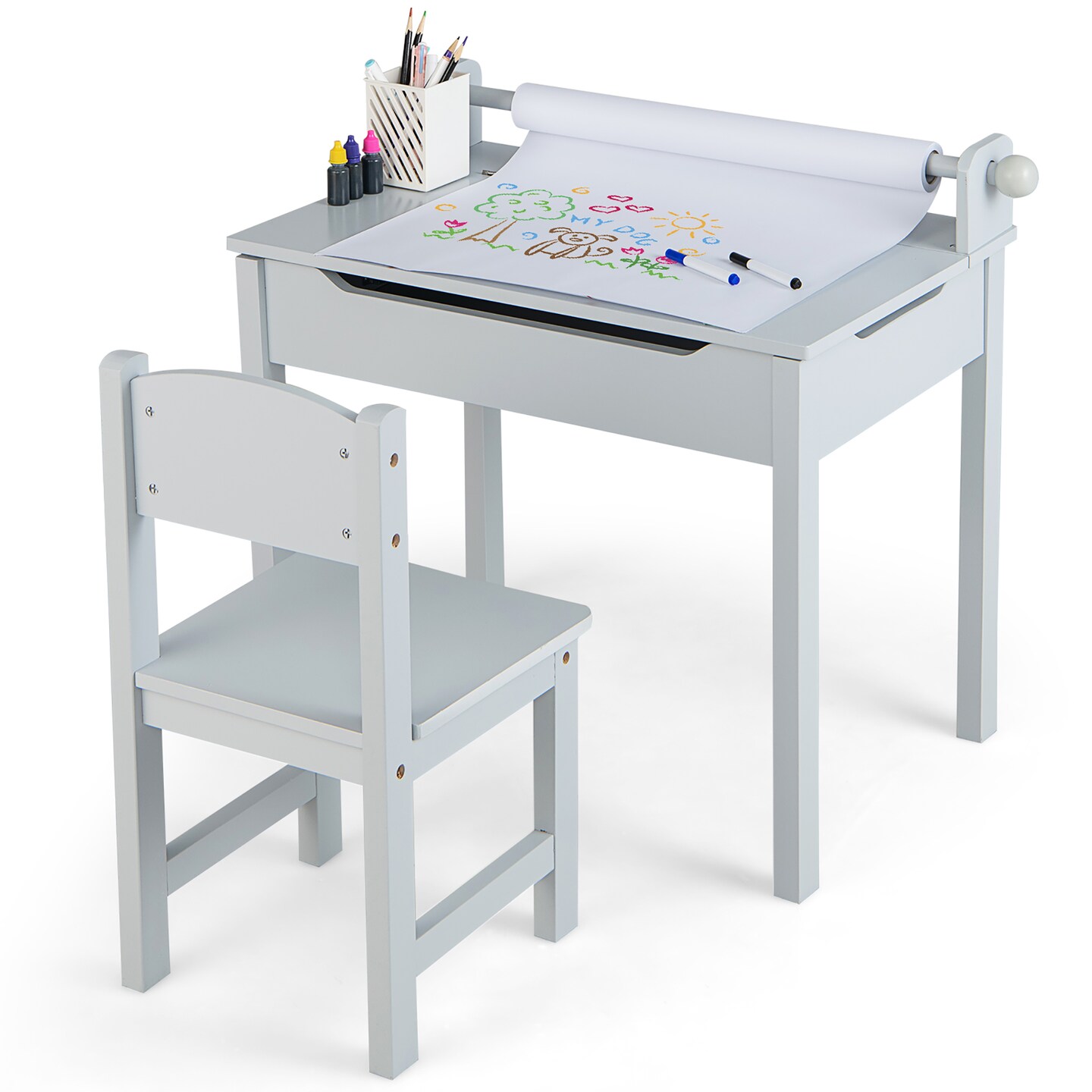 Costway Toddler Craft Table &#x26; Chair Set Kids Art Crafts Table withPaper Roll Holder Grey/White