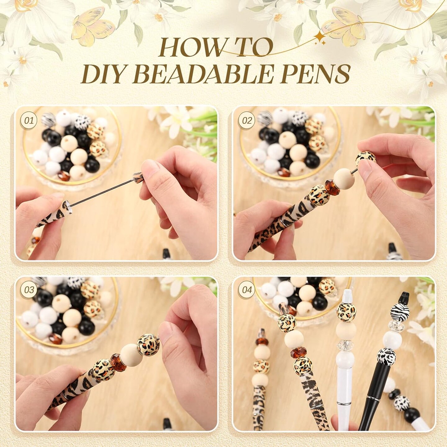 12 Set Beadable Pens DIY Kit - Assorted Beads, Black Ink, Animal Print