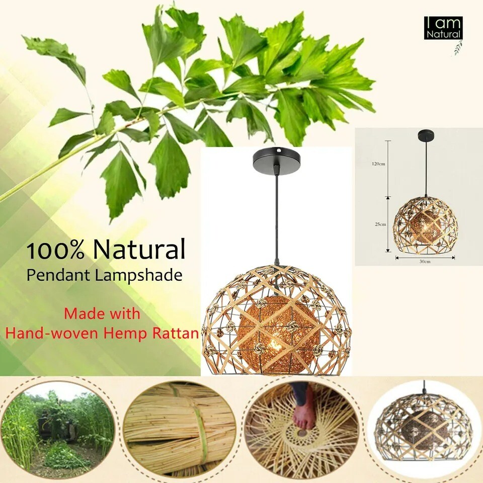 Vintage Style Natural Rattan Shade Ceiling Light Fixture Hanging Pendant Lamp