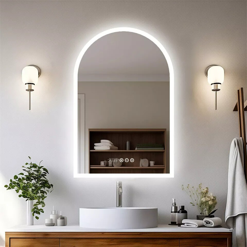 Smart LED Bathroom Mirror Time Date Temp Display Anti-fog Backlit Mirror w Light