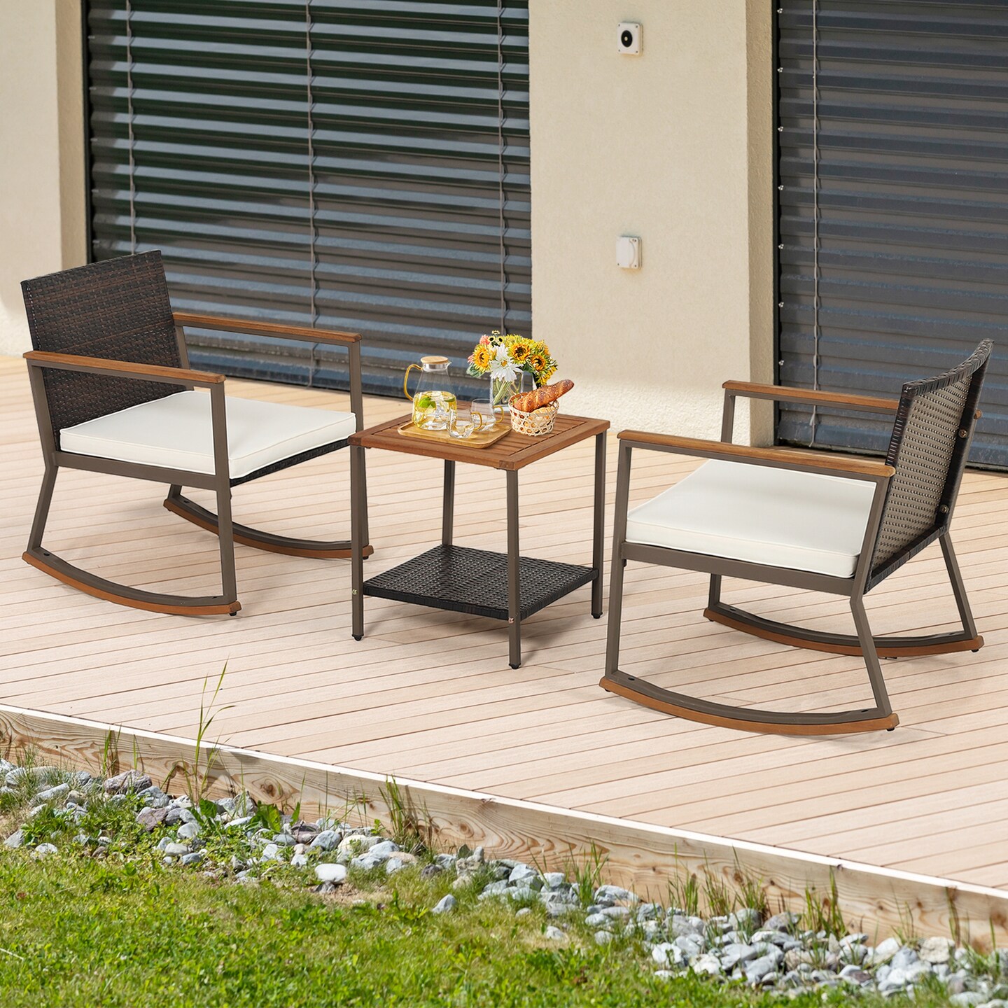 Costway 3 PCS Patio Rattan Rocking Chair Bistro Set Armrest Cushion Table with Storage Shelf Navy/Grey/Off White