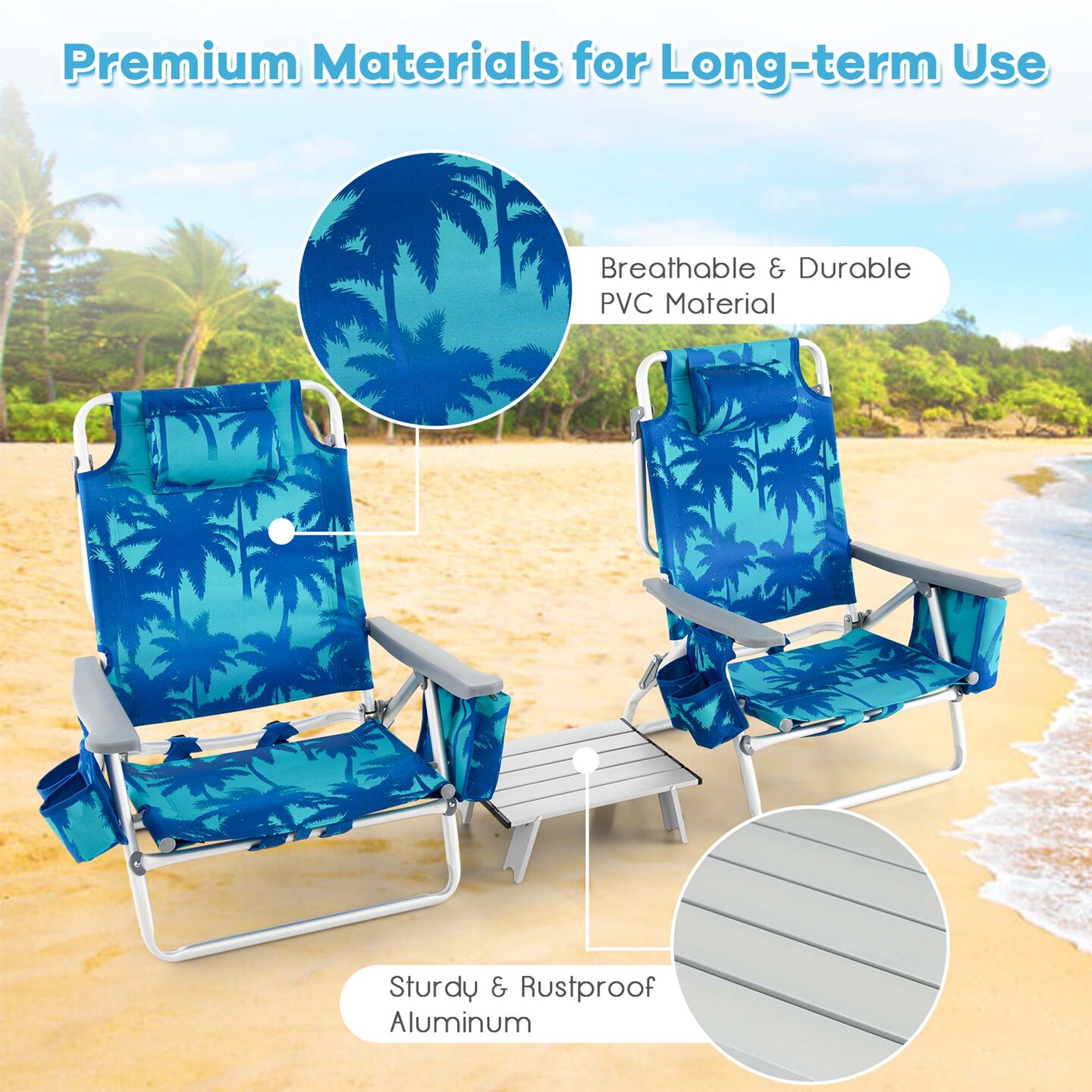 Costway 2-Pack Folding Backpack Beach Chair Table Set 5-Position Outdoor Reclining Chair Blue/Navy/Pink/Pattern/Flower/Yellow