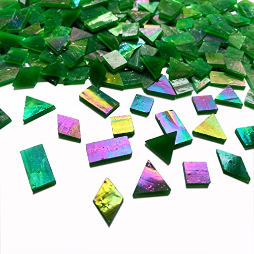 280 Pieces Iridescent Green Mosaic Tiles for Crafts,  Mixed 4 Shapes Stained Glass Sheets, Stained Glass Supplies for Mosaic Projects