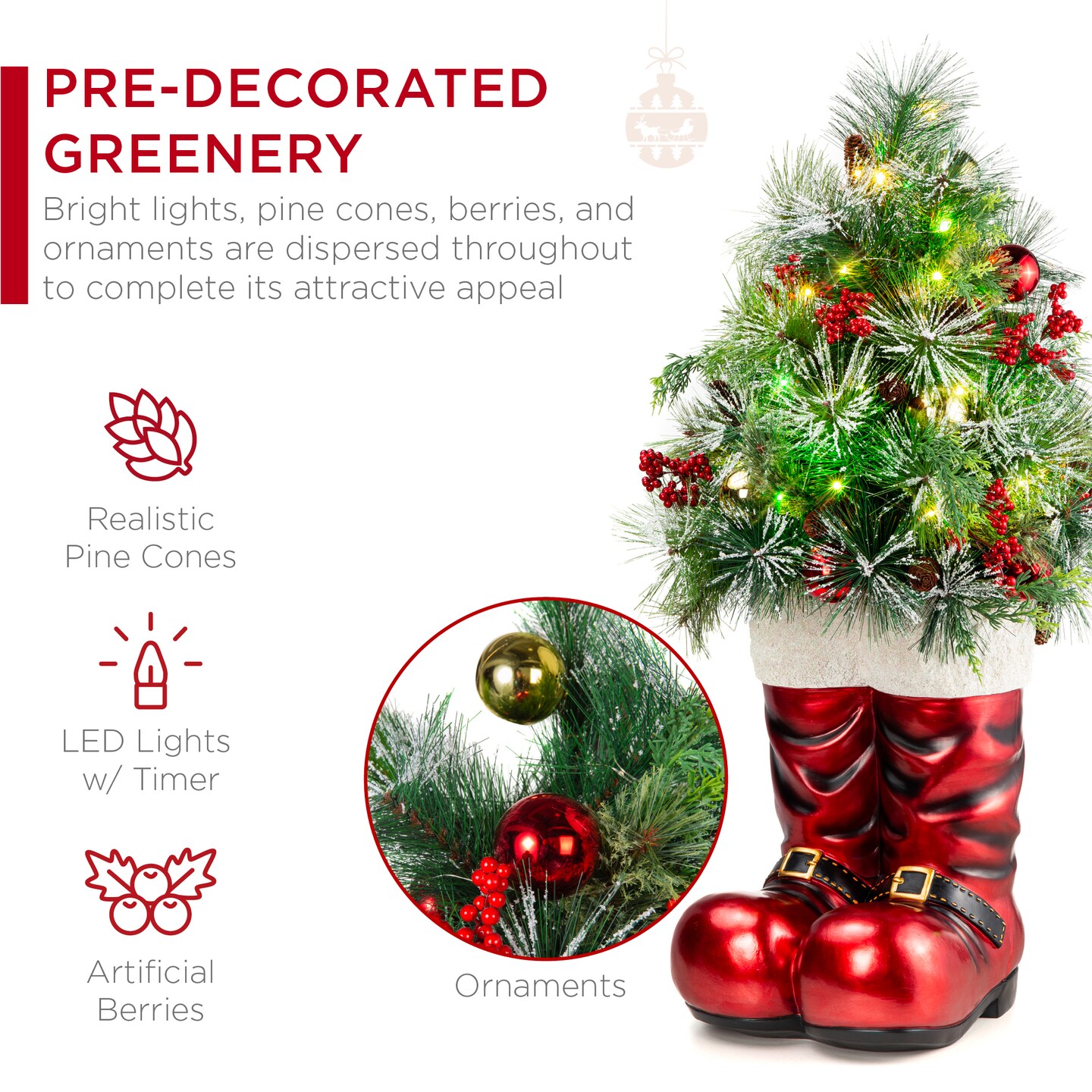 Best Choice Products 40in Santa Boots Decoration w/ Pre-Decorated Christmas Greenery, Battery-Operated Lights