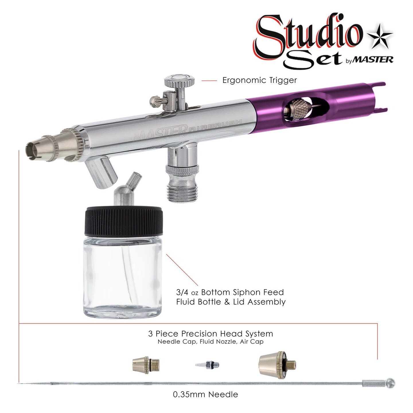 6 Master Performance S58 Dual-Action Siphon Feed Airbrushes with 0.35 mm Tips, 3/4 oz. Bottles, Color Coated Cutaway Handles &#x26; Storage Case