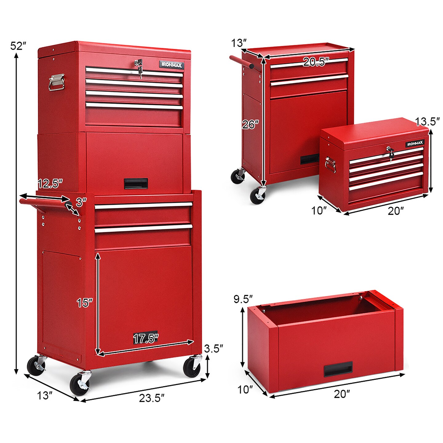 Costway 6-Drawer Rolling Tool Chest Storage Cabinet w/Riser Red\Black