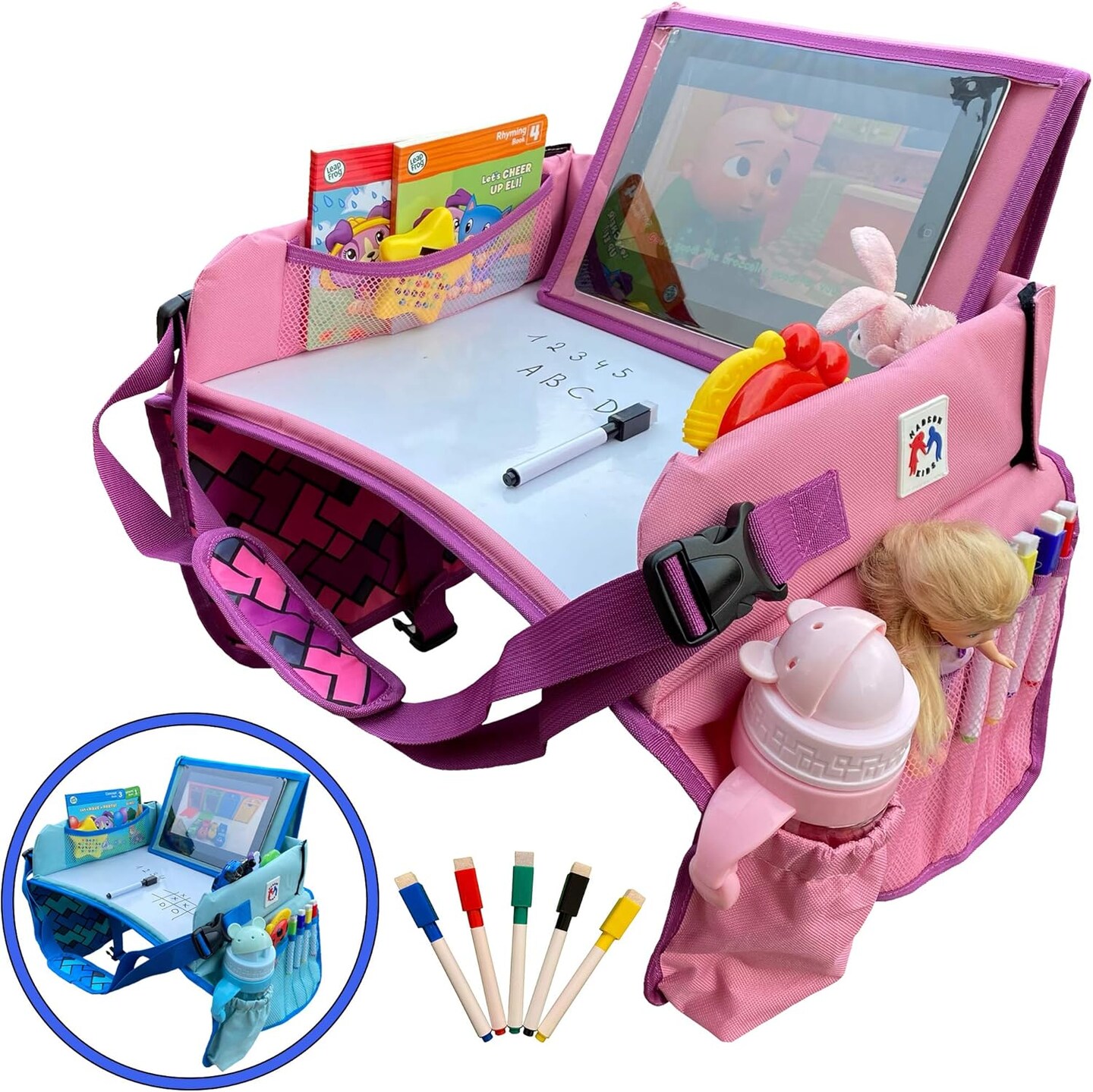 Travel Tray, Toddler Car Seat, Lap Desk and Dry Erase Board, Activity Organizer with Markers, Food and Snack Table, Tablet and Cup Holder, Road Trip Essential, Portable Desk for Kids.