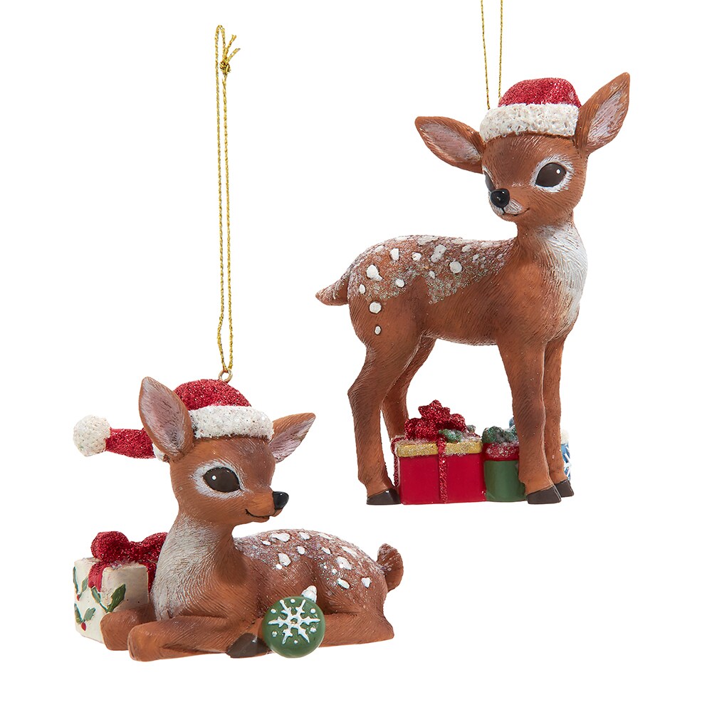 3.75&#x22; Deer With Christmas Presents Ornaments, 2 Assorted