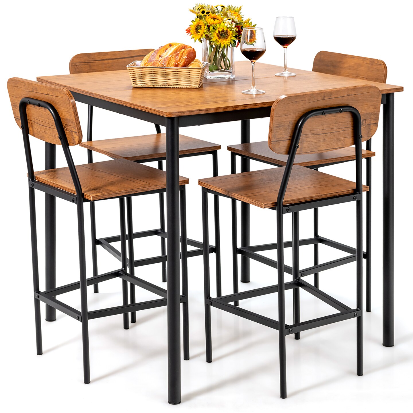 Costway 5-Piece Industrial Dining Table Set with Counter Height Table &#x26; 4 Bar Stools Black/Grey/Walnut