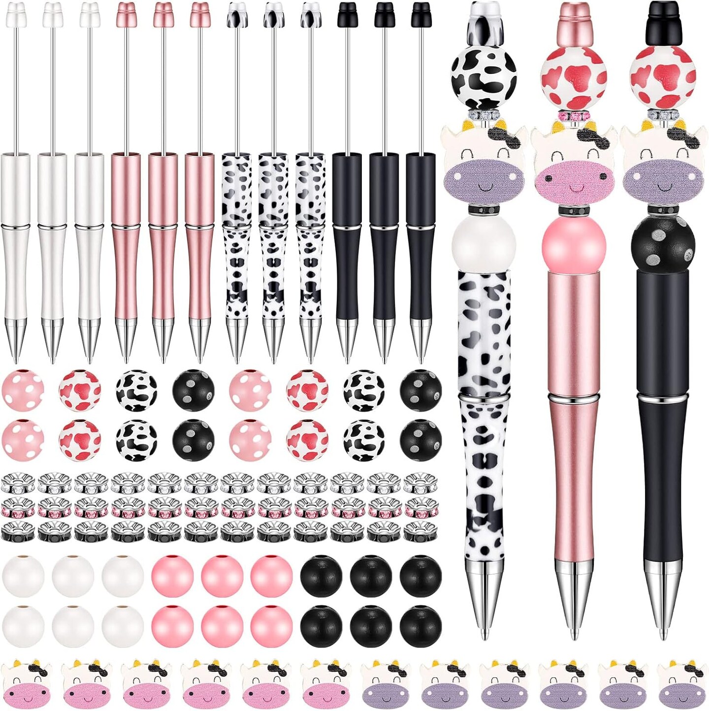 12 Set Beadable Pens DIY Kit - Assorted Beads, Black Ink, Cow Print Design