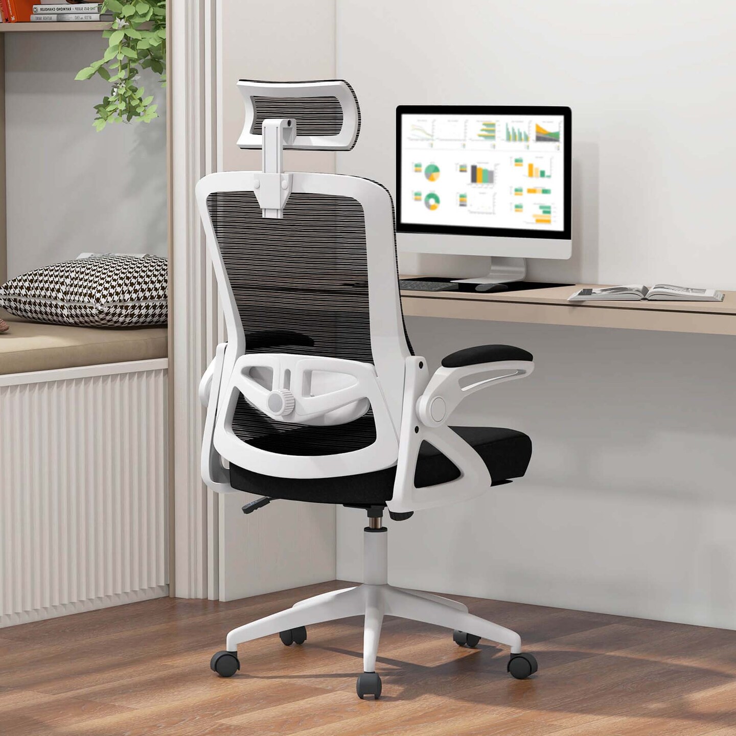 Costway Ergonomic Office Chair with Adjustable Lumbar Support Rocking Backrest Armrests Black/White
