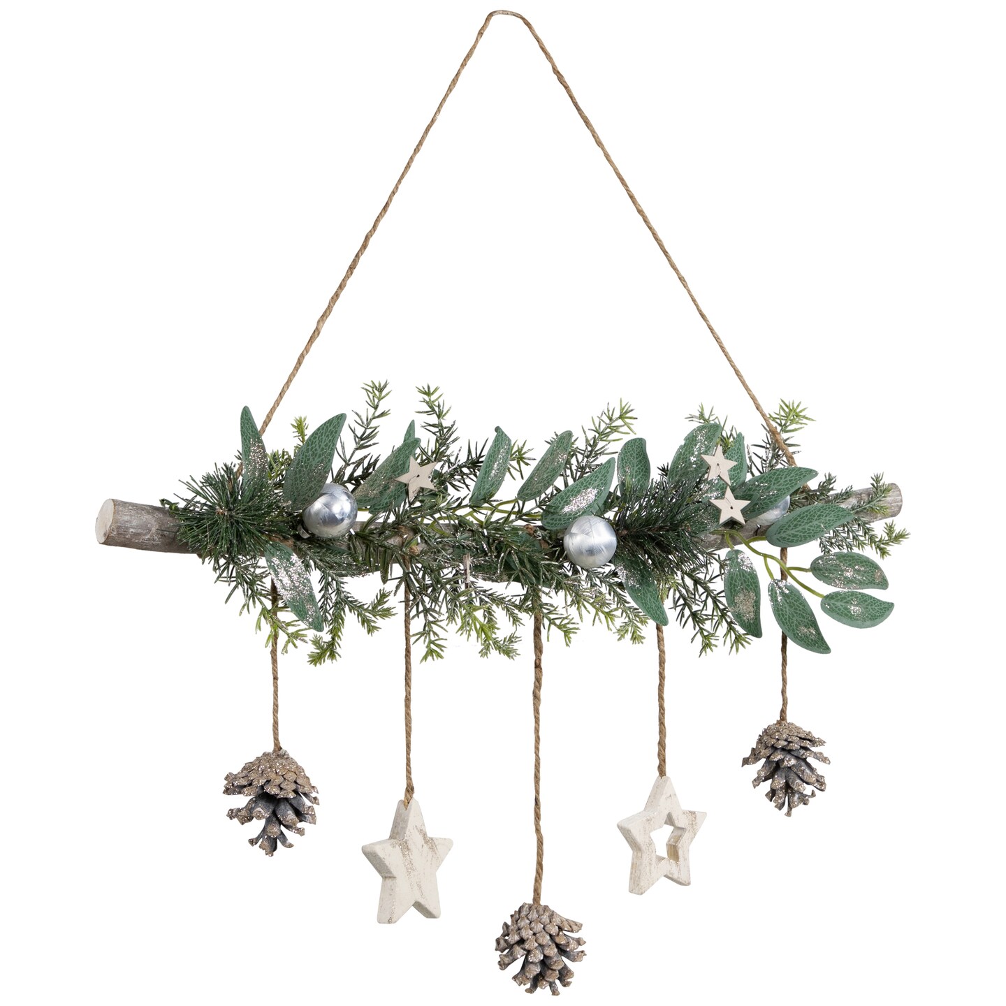 Northlight Glittered  Holly Branch with Stars and Pinecones Christmas Wall Decoration - 20.75&#x22; - Silver