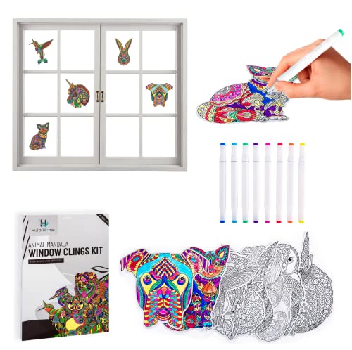 10 Sun catchers Stained Glass Mandala Art Kit - Animal DIY Window Clings with Markers, Perfect Hobby for Adults, Kids, Teens & Seniors - Ideal Gift for Beginners, Women & Elderly